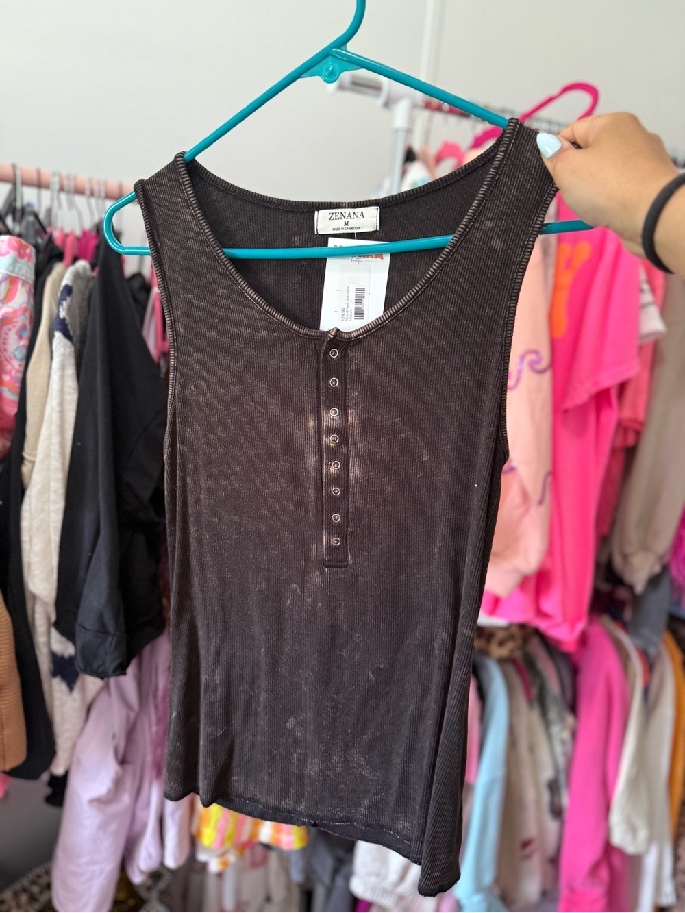 Zenana Outfitters Brown Ribbed Henley Tank Top